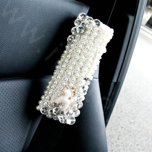 Elegant Female Crystal Beads Pearls Auto Seat Safety Belt Covers Genuine Sheepskin 2pcs - White