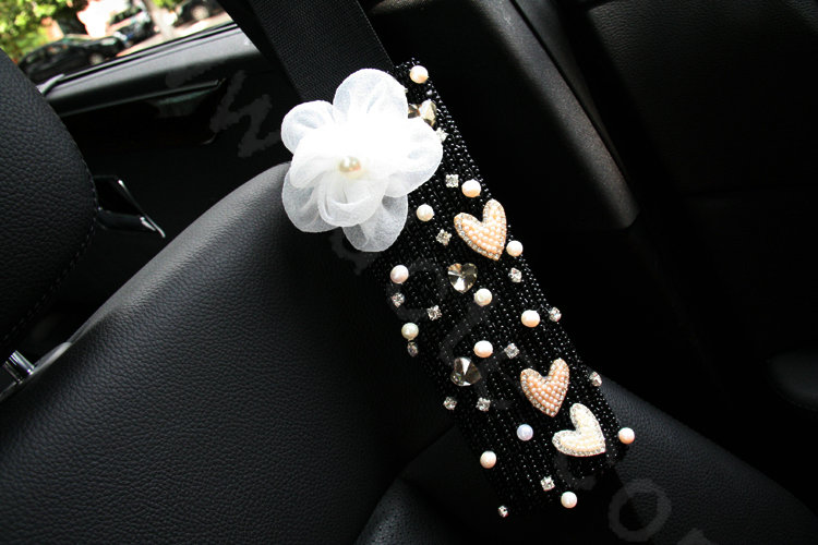 Elegant Female Flower Pearl Crystal Beaded Auto Seat Safety Belt Covers 2pcs - Black