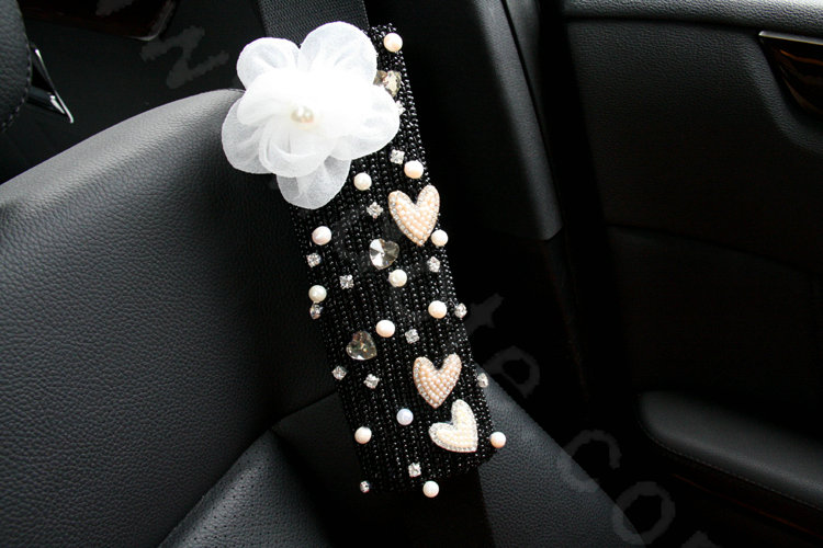 Elegant Female Flower Pearl Crystal Beaded Auto Seat Safety Belt Covers 2pcs - Black