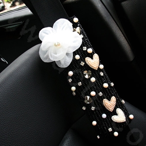 Elegant Female Flower Pearl Crystal Beaded Auto Seat Safety Belt Covers 2pcs - Black