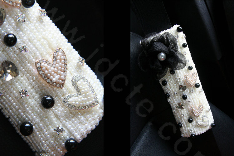 Elegant Female Flower Pearl Crystal Beaded Auto Seat Safety Belt Covers 2pcs - White