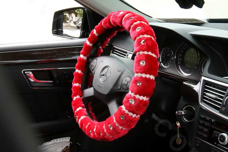 Elegant Female Pearls Diamond Genuine Wool Auto Steering Wheel Covers 15 inch 38CM - Red