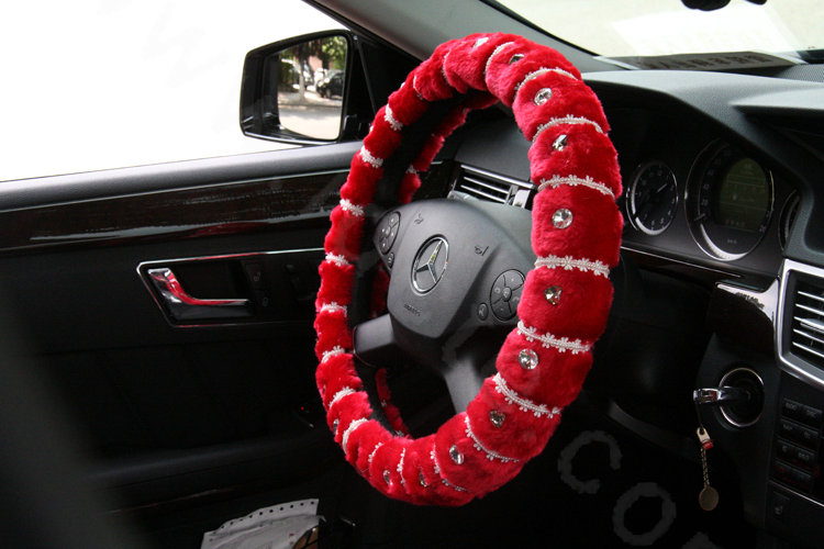 Elegant Female Pearls Diamond Genuine Wool Auto Steering Wheel Covers 15 inch 38CM - Red