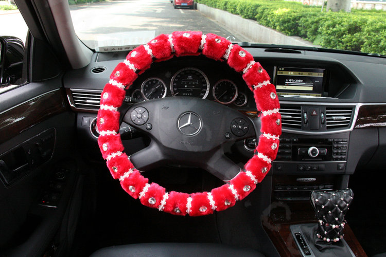 Elegant Female Pearls Diamond Genuine Wool Auto Steering Wheel Covers 15 inch 38CM - Red