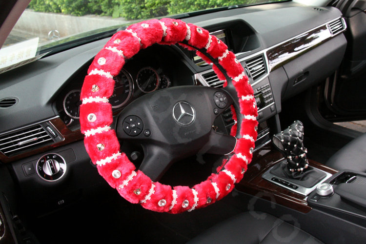 Elegant Female Pearls Diamond Genuine Wool Auto Steering Wheel Covers 15 inch 38CM - Red