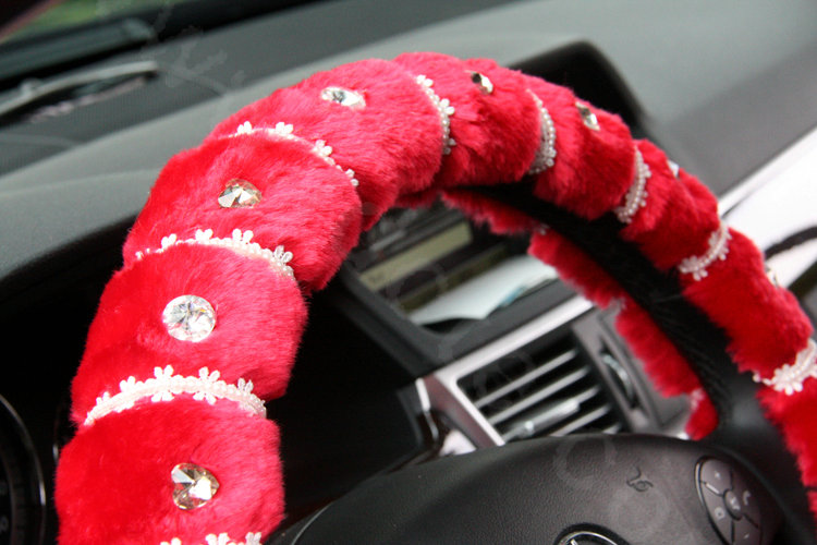 Elegant Female Pearls Diamond Genuine Wool Auto Steering Wheel Covers 15 inch 38CM - Red