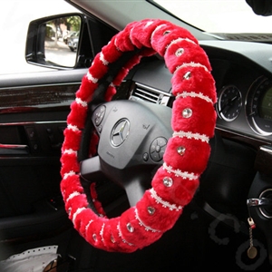 Elegant Female Pearls Diamond Genuine Wool Auto Steering Wheel Covers 15 inch 38CM - Red