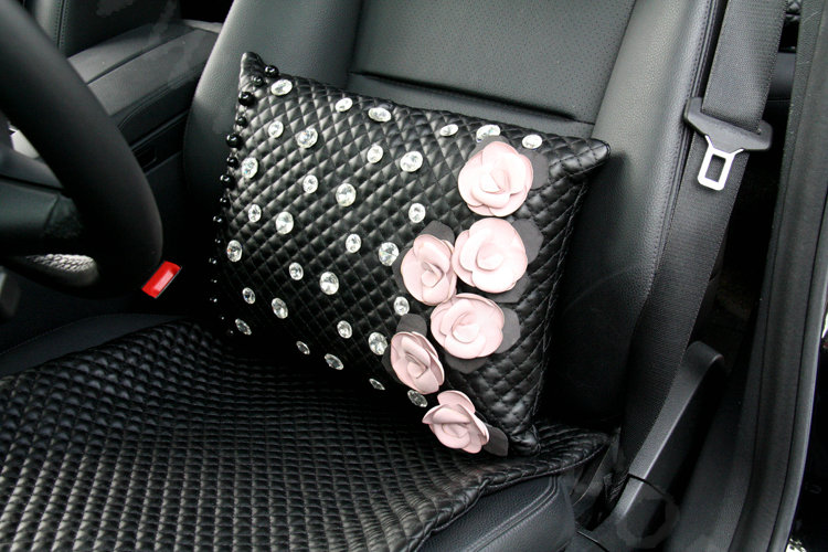 Elegant Flower Diamond Auto Lumbar Pillow Sheepskin Pearl Support Cushion 1pcs - Black Pink