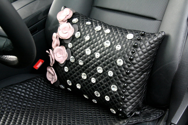 Elegant Flower Diamond Auto Lumbar Pillow Sheepskin Pearl Support Cushion 1pcs - Black Pink