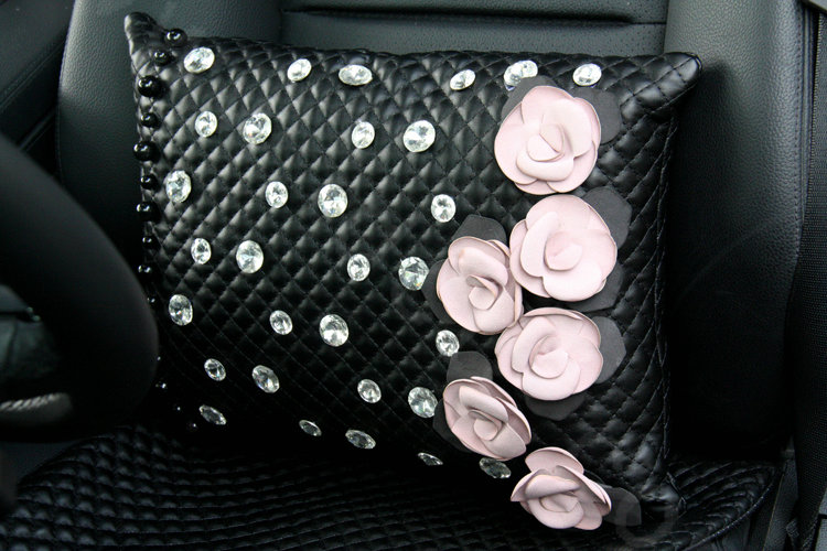 Elegant Flower Diamond Auto Lumbar Pillow Sheepskin Pearl Support Cushion 1pcs - Black Pink