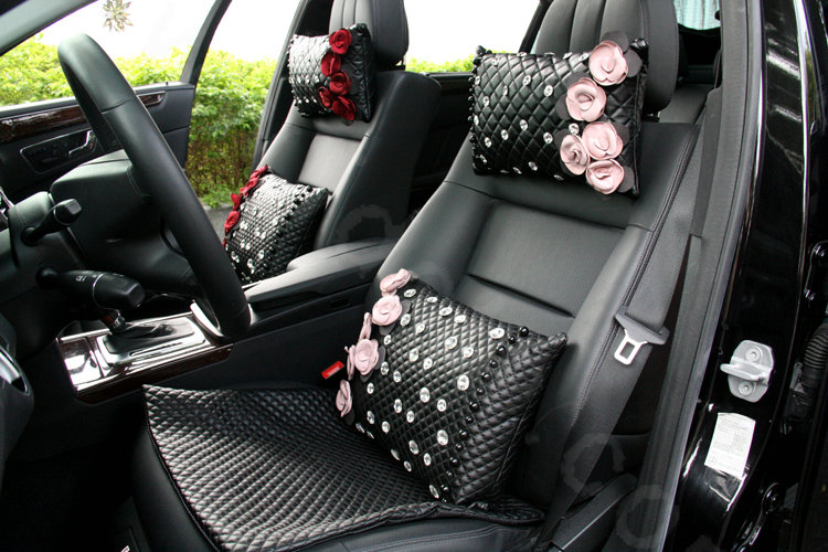 Elegant Flower Diamond Auto Lumbar Pillow Sheepskin Pearl Support Cushion 1pcs - Black Pink