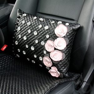 Elegant Flower Diamond Auto Lumbar Pillow Sheepskin Pearl Support Cushion 1pcs - Black Pink