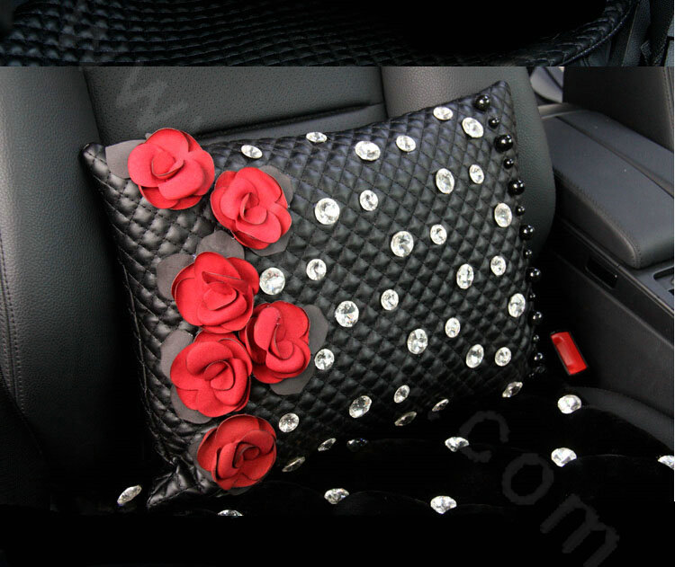 Elegant Flower Diamond Auto Lumbar Pillow Sheepskin Pearl Support Cushion 1pcs - Black Red
