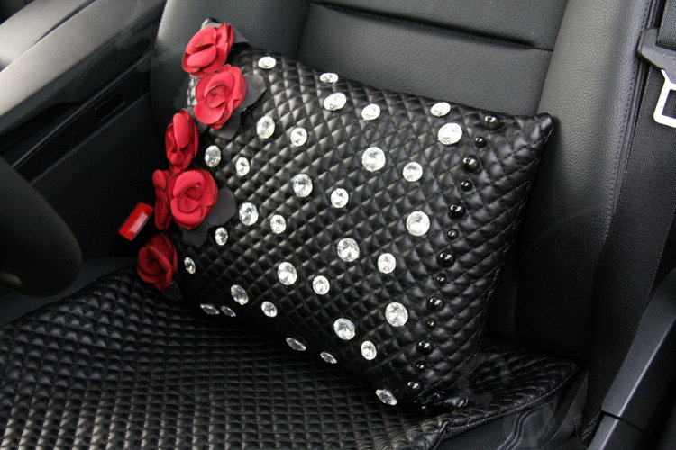 Elegant Flower Diamond Auto Lumbar Pillow Sheepskin Pearl Support Cushion 1pcs - Black Red