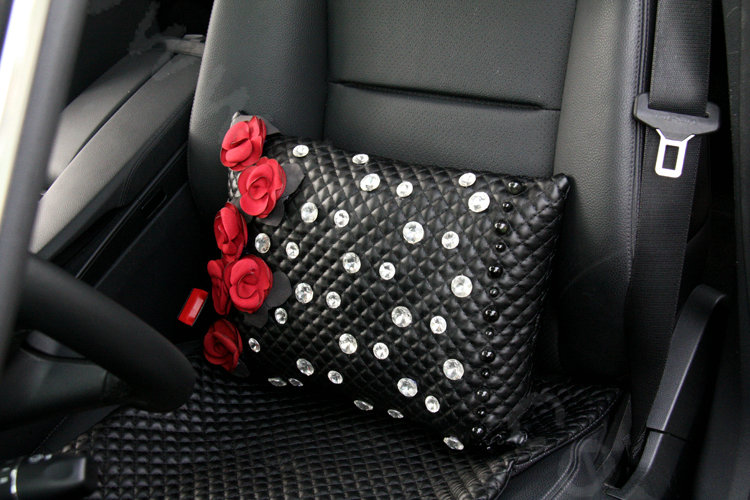 Elegant Flower Diamond Auto Lumbar Pillow Sheepskin Pearl Support Cushion 1pcs - Black Red