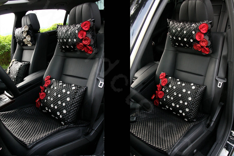Elegant Flower Diamond Auto Lumbar Pillow Sheepskin Pearl Support Cushion 1pcs - Black Red