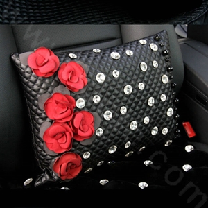 Elegant Flower Diamond Auto Lumbar Pillow Sheepskin Pearl Support Cushion 1pcs - Black Red