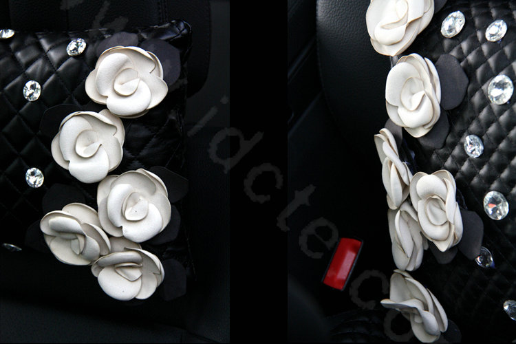 Elegant Flower Diamond Auto Lumbar Pillow Sheepskin Pearl Support Cushion 1pcs - Black White