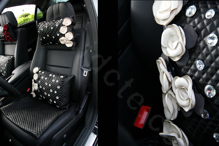 Elegant Flower Diamond Auto Lumbar Pillow Sheepskin Pearl Support Cushion 1pcs - Black White