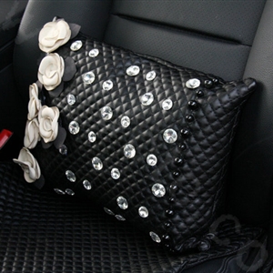 Elegant Flower Diamond Auto Lumbar Pillow Sheepskin Pearl Support Cushion 1pcs - Black White