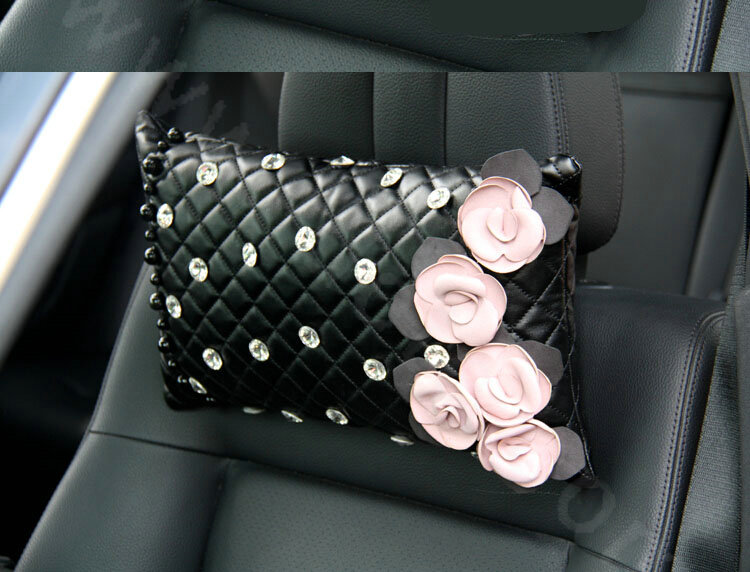 Elegant Flower Diamond Pearls Genuine Sheepskin Auto Neck Safety Pillow 1pcs - Black Pink