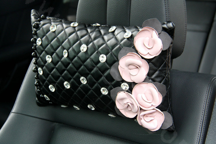 Elegant Flower Diamond Pearls Genuine Sheepskin Auto Neck Safety Pillow 1pcs - Black Pink