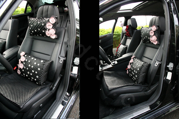 Elegant Flower Diamond Pearls Genuine Sheepskin Auto Neck Safety Pillow 1pcs - Black Pink