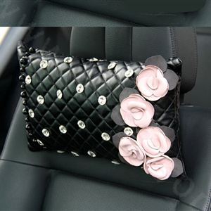 Elegant Flower Diamond Pearls Genuine Sheepskin Auto Neck Safety Pillow 1pcs - Black Pink