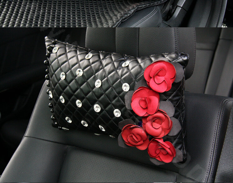 Elegant Flower Diamond Pearls Genuine Sheepskin Auto Neck Safety Pillow 1pcs - Black Red
