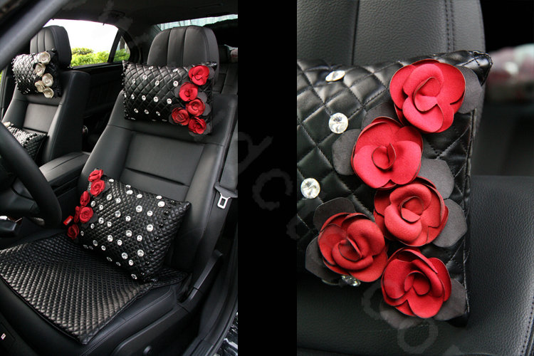 Elegant Flower Diamond Pearls Genuine Sheepskin Auto Neck Safety Pillow 1pcs - Black Red