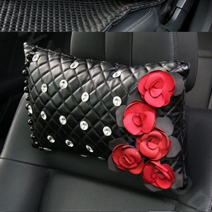 Elegant Flower Diamond Pearls Genuine Sheepskin Auto Neck Safety Pillow 1pcs - Black Red