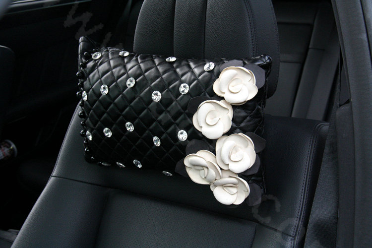 Elegant Flower Diamond Pearls Genuine Sheepskin Auto Neck Safety Pillow 1pcs - Black White