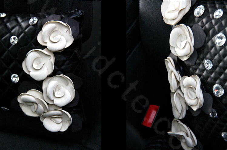 Elegant Flower Diamond Pearls Genuine Sheepskin Auto Neck Safety Pillow 1pcs - Black White