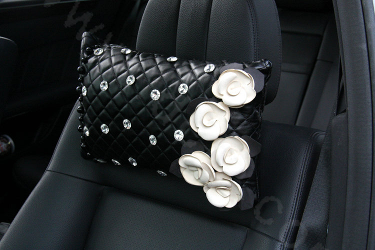 Elegant Flower Diamond Pearls Genuine Sheepskin Auto Neck Safety Pillow 1pcs - Black White