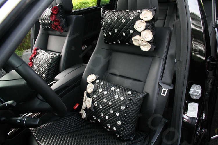 Elegant Flower Diamond Pearls Genuine Sheepskin Auto Neck Safety Pillow 1pcs - Black White