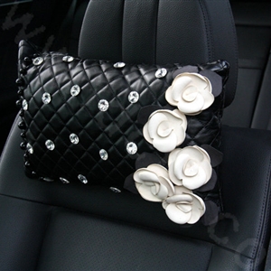 Elegant Flower Diamond Pearls Genuine Sheepskin Auto Neck Safety Pillow 1pcs - Black White