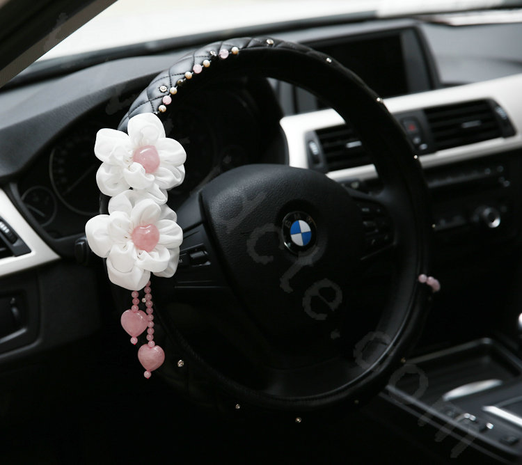 Elegant Flower Powder Crystal Auto Steering Wheel Covers Genuine Sheepskin 15 inch 38CM - Black
