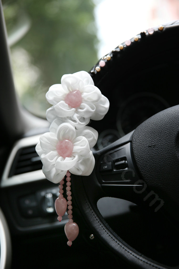 Elegant Flower Powder Crystal Auto Steering Wheel Covers Genuine Sheepskin 15 inch 38CM - Black