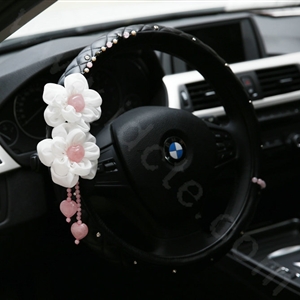 Elegant Flower Powder Crystal Auto Steering Wheel Covers Genuine Sheepskin 15 inch 38CM - Black