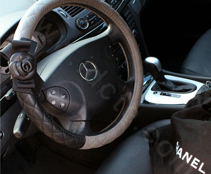 Elegant Flower Women Genuine Leather Car Steering Wheel Covers 14 inch 36CM - Gray