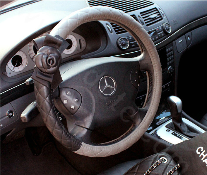 Elegant Flower Women Genuine Leather Car Steering Wheel Covers 15 inch 38CM - Gray