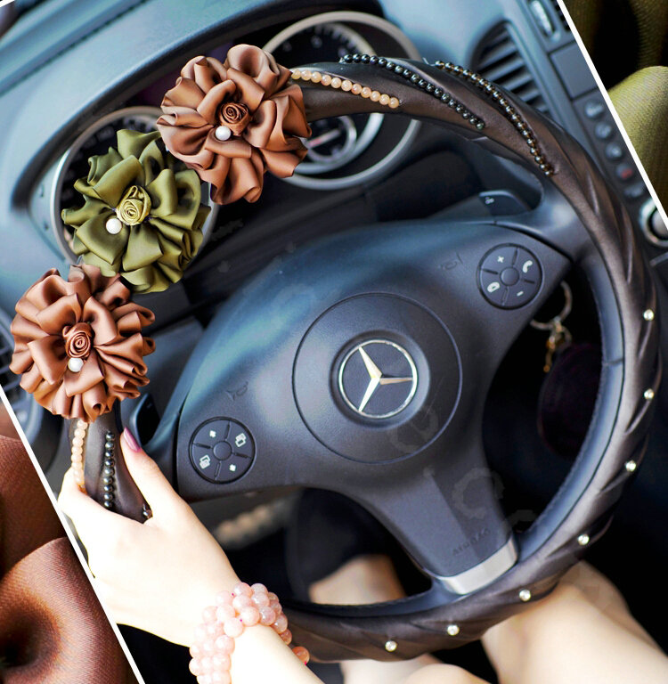 Elegant Pearl Rose Flower Car Steering Wheel Covers Genuine Sheepskin 14 inch 36CM - Black