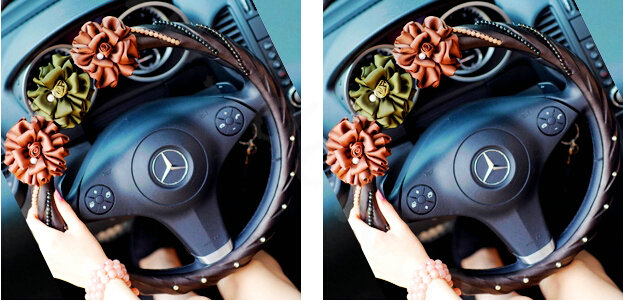 Elegant Pearl Rose Flower Car Steering Wheel Covers Genuine Sheepskin 14 inch 36CM - Black