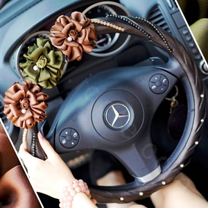 Elegant Pearl Rose Flower Car Steering Wheel Covers Genuine Sheepskin 14 inch 36CM - Black