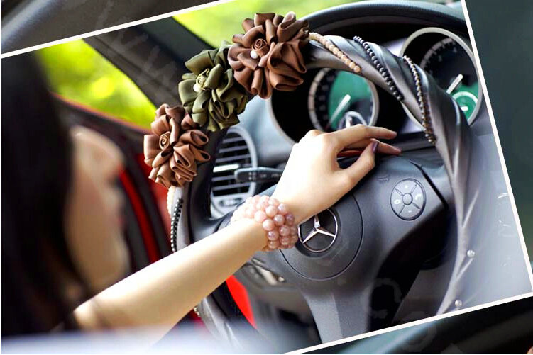 Elegant Pearl Rose Flower Car Steering Wheel Covers Genuine Sheepskin 15 inch 38CM - Black