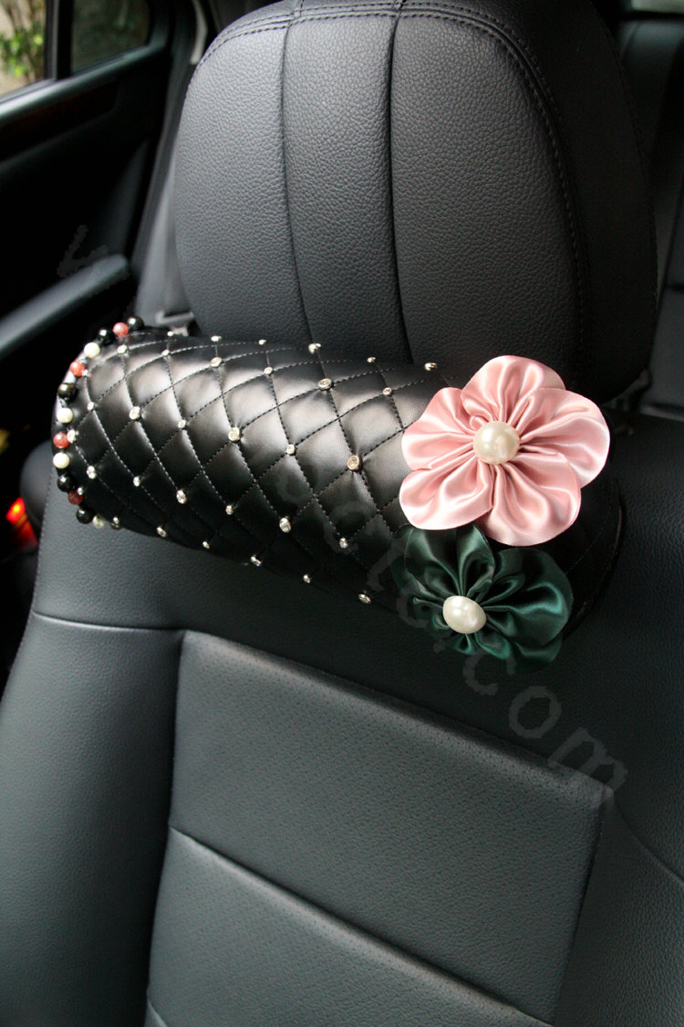 Elegant Pearls Diamond Flower Genuine Sheepskin Round Auto Neck Safety Pillow 1pcs - Black