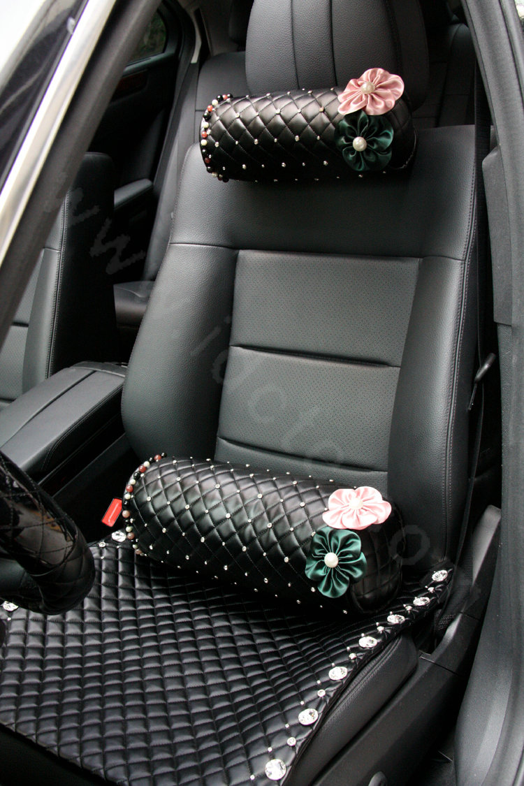 Elegant Pearls Diamond Flower Genuine Sheepskin Round Auto Neck Safety Pillow 1pcs - Black