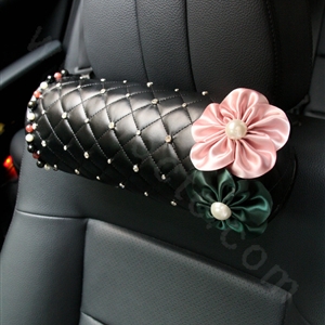 Elegant Pearls Diamond Flower Genuine Sheepskin Round Auto Neck Safety Pillow 1pcs - Black
