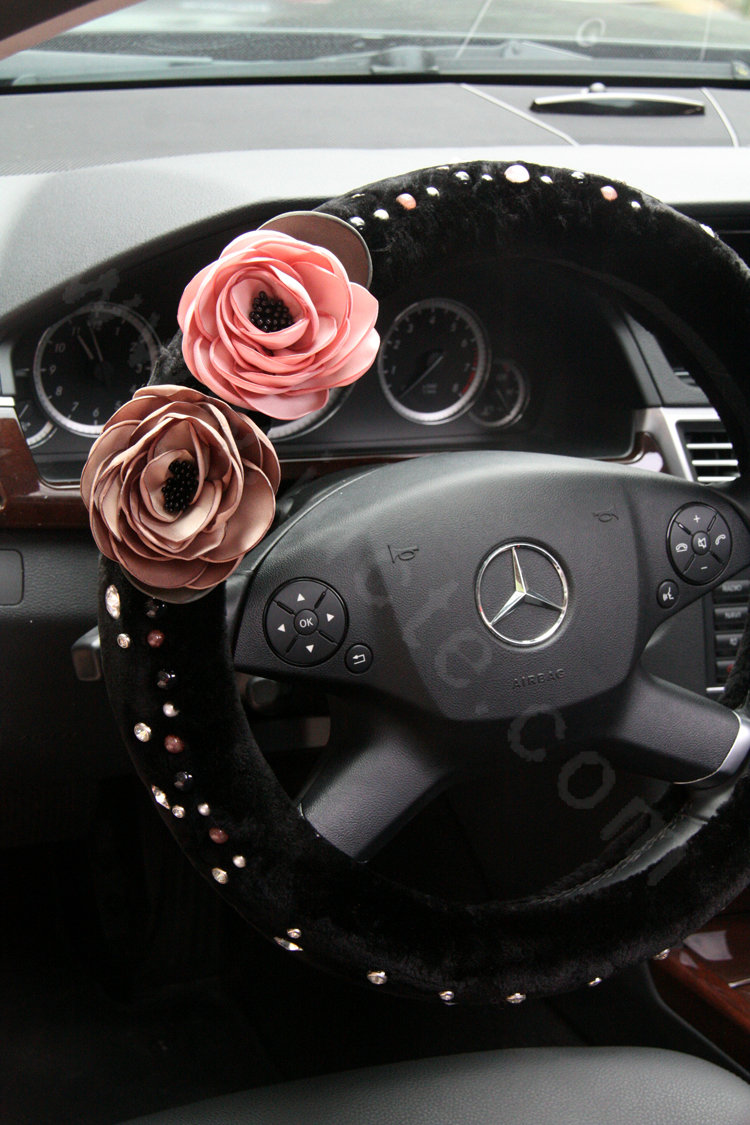 Elegant Rose Crystal Beaded Genuine Wool Auto Steering Wheel Covers 15 inch 38CM - Black