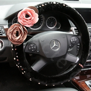 Elegant Rose Crystal Beaded Genuine Wool Auto Steering Wheel Covers 15 inch 38CM - Black